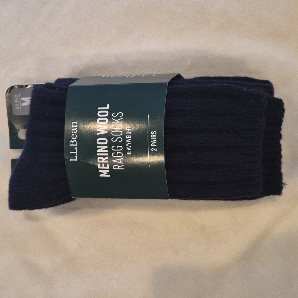 NWT Unisex L.L. Bean 2-pack Merino Wool Rag Socks. Size Med in Navy